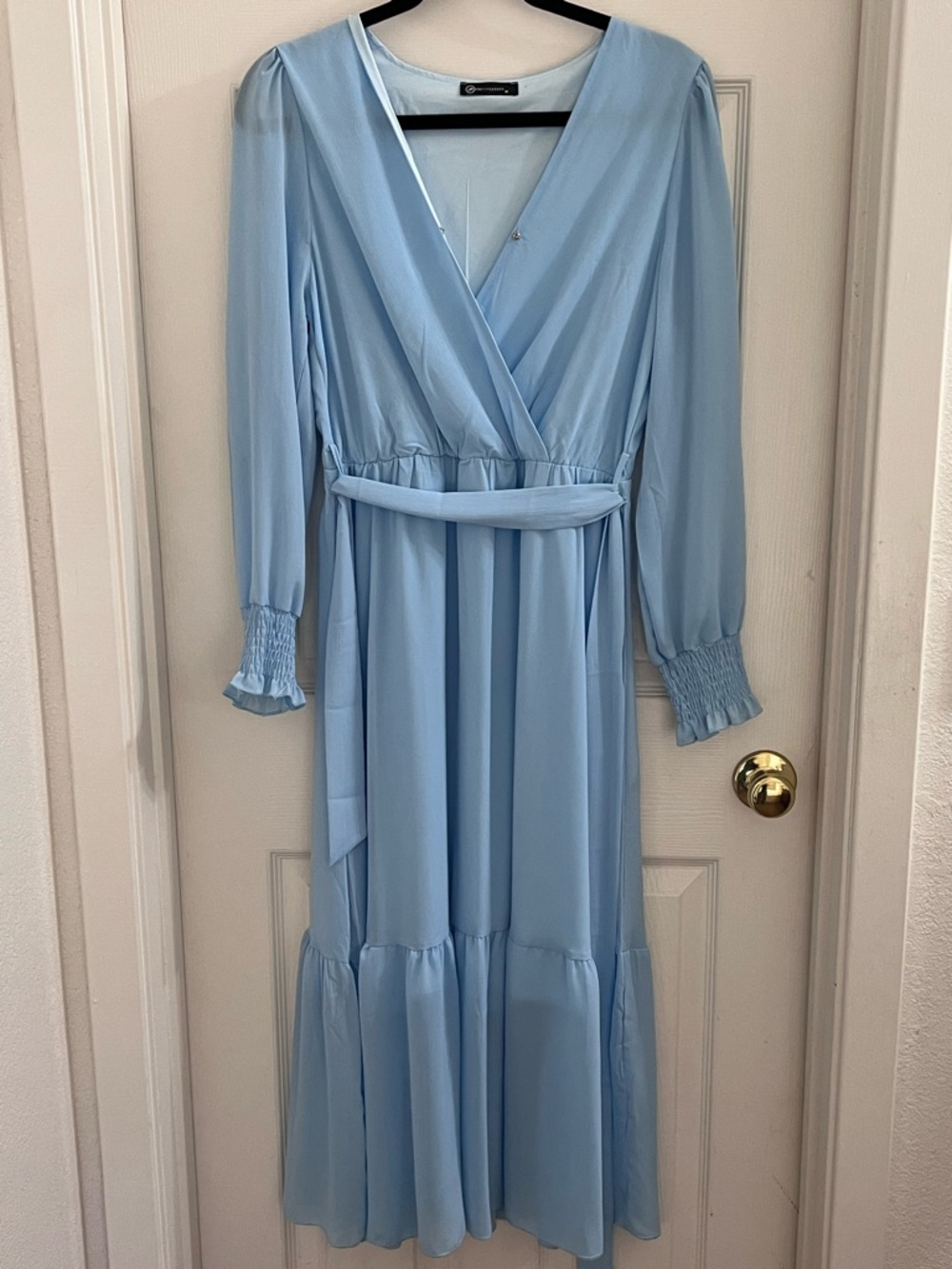 Soft Blue Maxi Wrap Dress with Smocked Cuffs